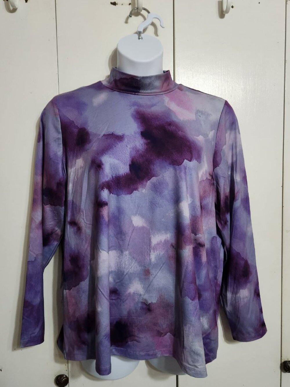 Susan Graver Women XL Liquid Knit Mock Neck Top Purple Watercolor Artsy Pullover